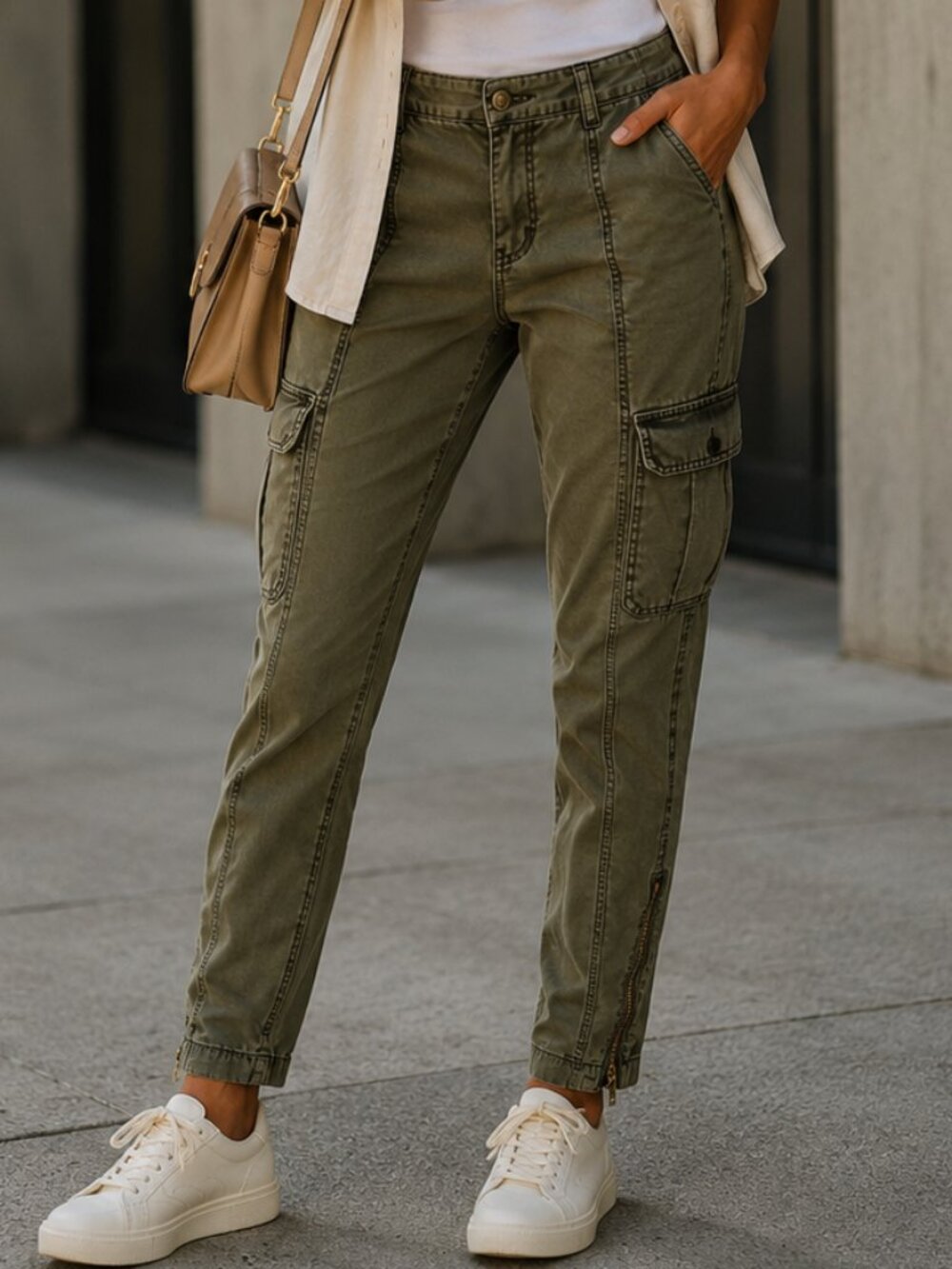 Women Cargo Utility Pants Army Green 4 Stretch Gorpcore Military Style Ankle Zip